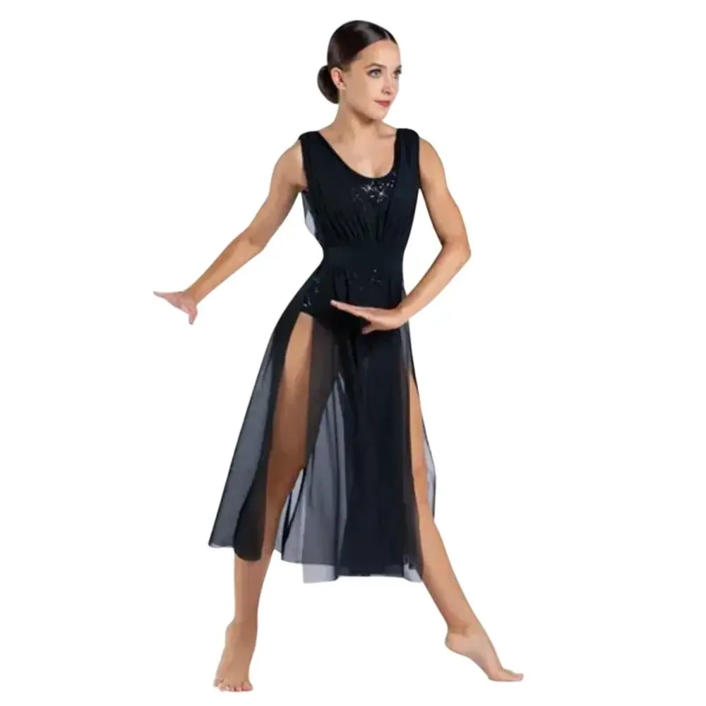 Black Sequin Mesh Overskirt Leotard Recital Performance Costume Kids Size 7/8 IC